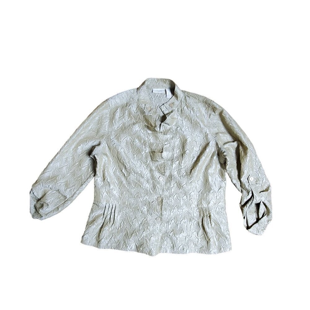 Chico’s Metallic Textured Button Front Top Cuffed Roll Tab Sleeves Womens 2‎ EUC